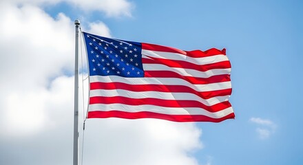 Obraz premium American flag waving in the wind against a blue sky with white clouds, Usa background