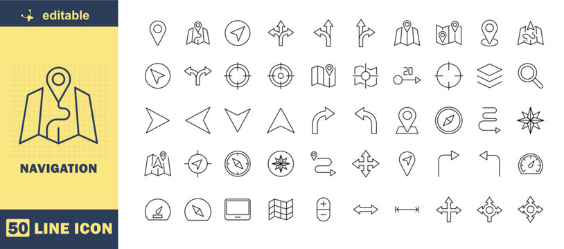 A collection of editable navigation icons in a line style