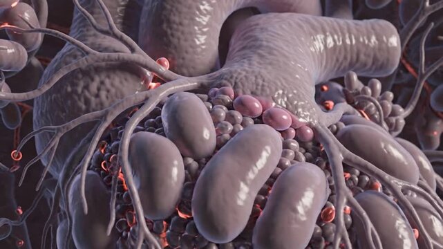Medical illustration shows a detailed view of human intestines and blood vessels in the abdominal cavity with a focus on digestive system health.