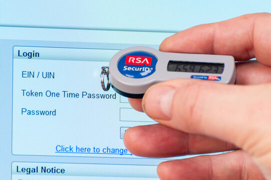 Using an RSA Two Factor Authentication (2FA) token to generate a one-time-password to securely log into a corporate website.