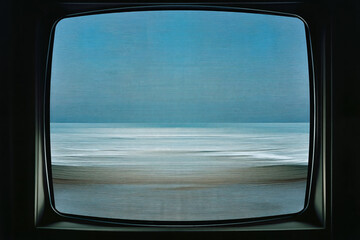 Naklejka premium Retro television frame overlooking soothing ocean waves and clear sky