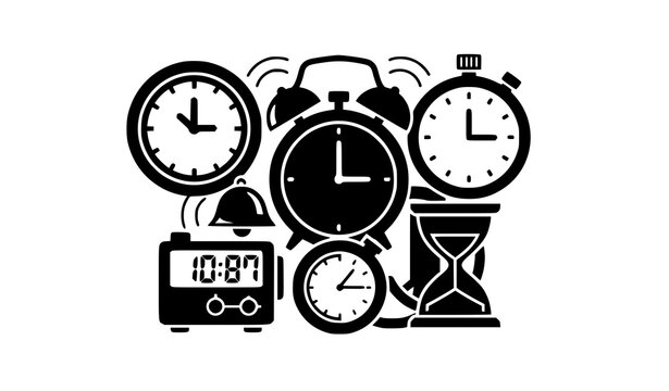 A collection of various clocks and timekeeping devices in a flat design