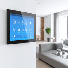 Fototapeta premium Sleek smart home control panel mounted on a white wall in a modern, minimalist apartment. This hightech touchscreen interface manages security, lighting, and climate for automated living.