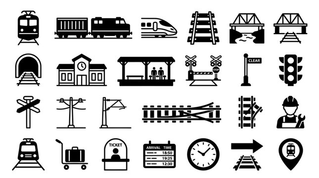 Train Station Transportation Icons Set.