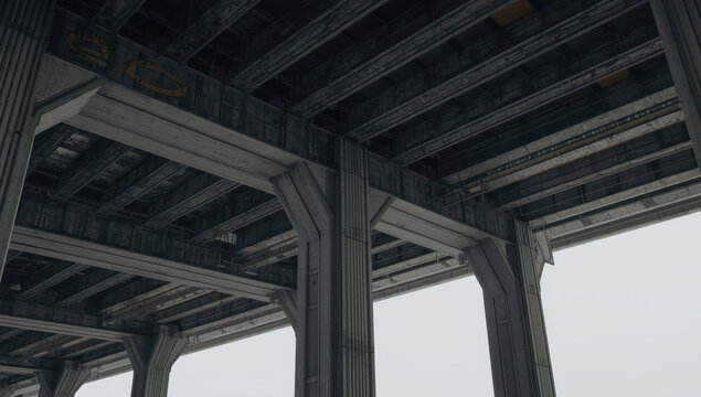 Industrial concrete bridge underside with repeating support columns and beams, moody lighting