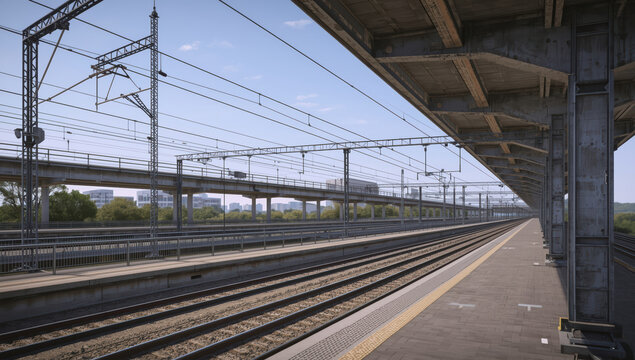 Empty train station platform with overhead catenary and distant city skyline, calm atmosphere
