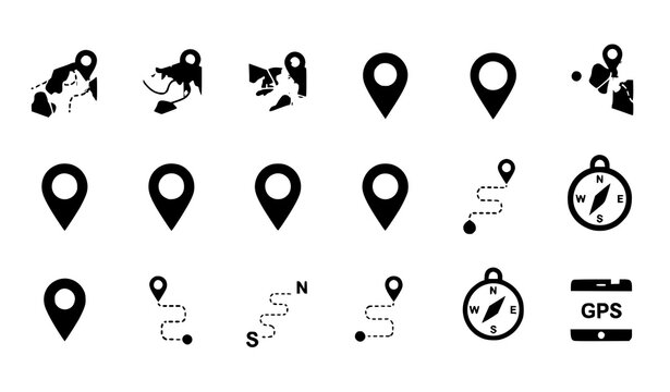 A set of navigation icons including map pins and compasses