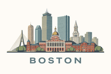 Obraz premium Detailed Boston Skyline Illustration with Historic Architecture and Modern Skyscrapers. Isolated on White Background