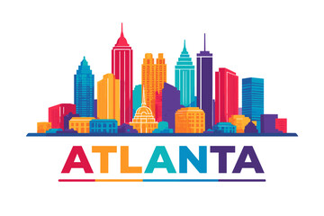 Fototapeta premium Colorful Atlanta Skyline Illustration with Modern Skyscrapers and Vibrant Urban Cityscape. Isolated on White Background