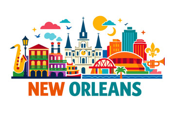 Naklejka premium Colorful New Orleans Skyline Illustration with French Quarter, Jazz Elements and Festive Cityscape. Isolated on White Background