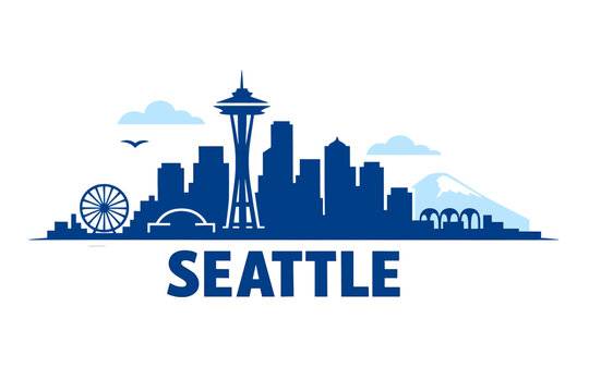 Cool Tone 2D Seattle Skyline Illustration with Space Needle, Ferris Wheel and Pacific Northwest Vibe