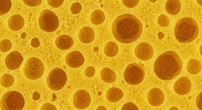 Extreme macro detail view of the bright yellow porous surface texture of a synthetic household cleaning sponge, revealing the open cell foam structure, closeup, Sponge, detailed