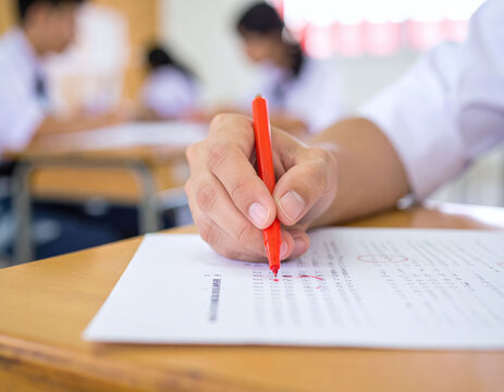 Detail of a hand marking an exam with a red pen in a busy school classroom. This professional photo captures the essence of academic assessment, teaching, and educational feedback.