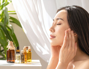 Fototapeta premium Serene Asian woman enjoying a natural skincare routine with organic oils in a sunlit, airy room. Ideal for holistic beauty, wellness branding, and highend luxury spa marketing content.