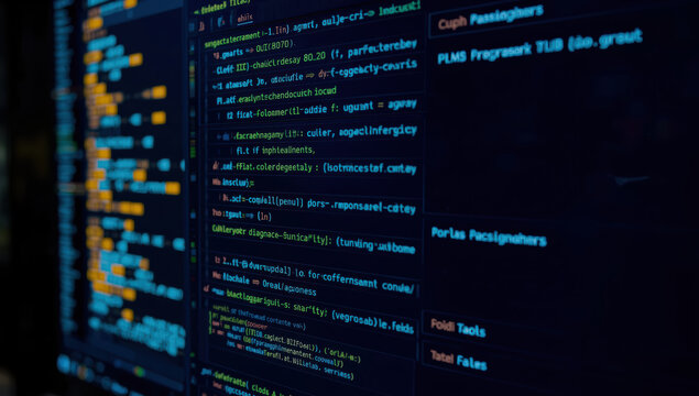 Dark computer screen with color coded code lines and diagnostics glowing, focused developer