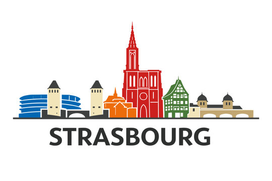 Strasbourg France Landmark Skyline in Colorful 2D Flat Vector Style with European Architecture