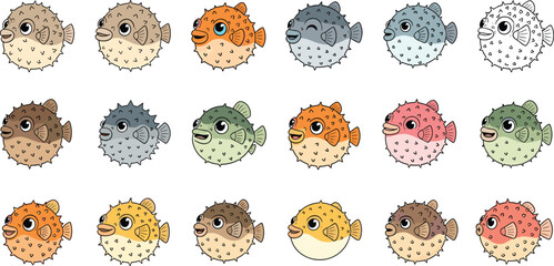 Colorful puffer fish vector illustration set featuring cute cartoon fugu characters with spikes for marine life and sea animal designs. © MDFiroj