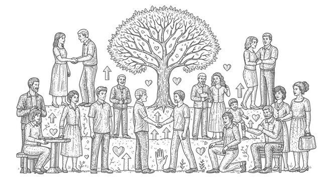 Illustrated depiction of diverse people near a large tree symbol of growth