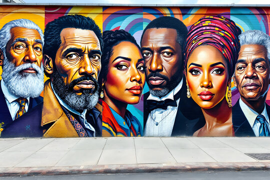 Vibrant street art mural of diverse African American men and women portraits on an outdoor urban wall under bright daylight with empowering and proud mood