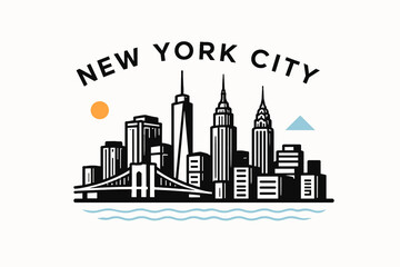 Obraz premium Minimalist New York City Skyline Illustration with Brooklyn Bridge and Modern Line Art Design