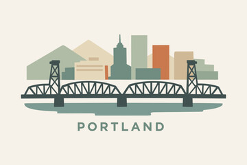 Obraz premium Minimalist Portland Skyline Illustration with Bridge and Modern Cityscape Flat Design