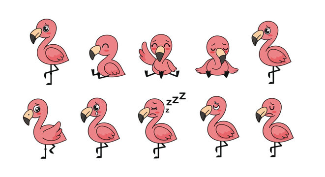 Cute flamingo character stickers set with various emotions and poses