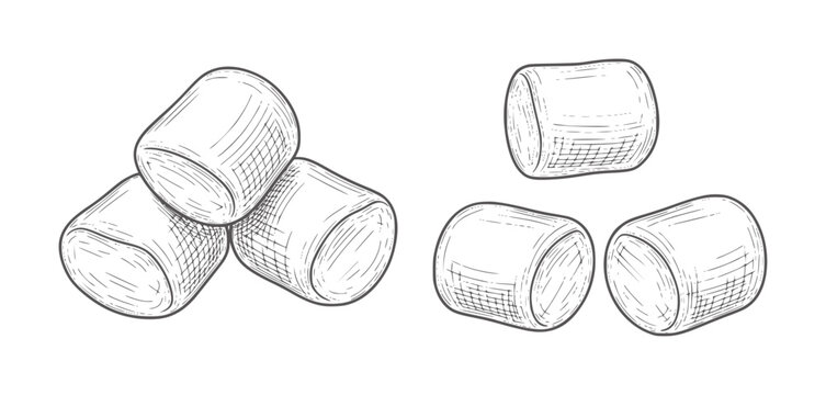 Hand drawn of cylindrical marshmallows piled and scattered food sweet confectionery