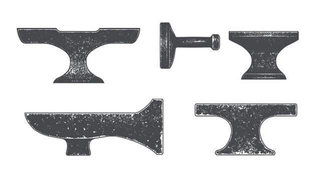Four stylized metal anvil illustrations in dark gray with a textured, vintage effect, on a white background