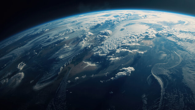 Planetary curvature with dynamic cloud formations and shimmering ocean surface, dramatic light