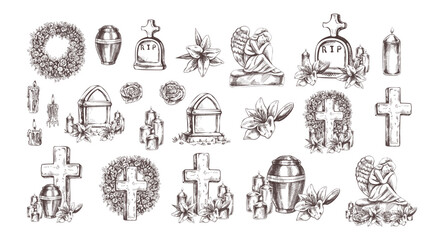 Fototapeta premium Hand drawn vintage sketch set of funeral cemetery elements with tombstone cross urn angel candles and flowers