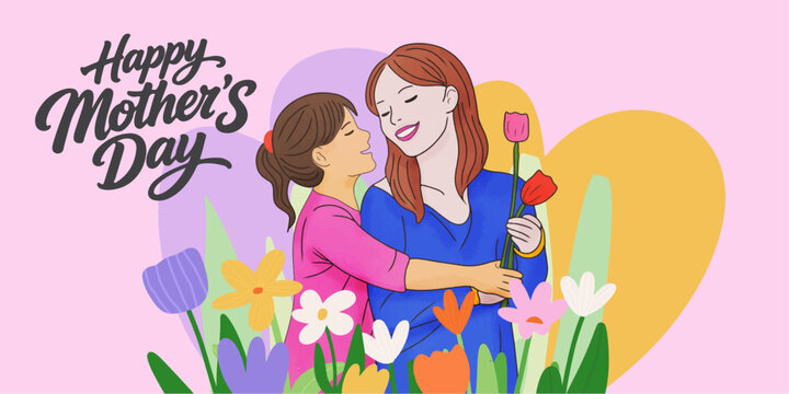 Mother's Day greeting cards, poster, with beautiful blossom flowers. mothers day with mother hugging her daughter and holding a big bouquet of flowers and flowers background.
