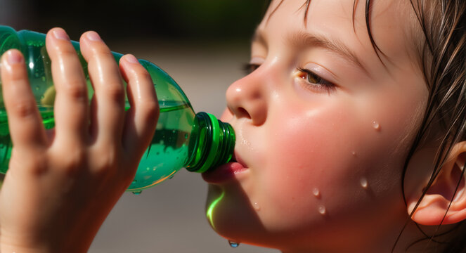 Sweaty child drinking water from a green plastic bottle. Thirsty kid hydrating on a hot sunny day. Summer heatwave lifestyle