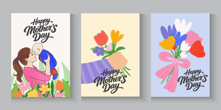 Mother's Day greeting cards, poster, with beautiful blossom flowers. mothers day with mother hugging her daughter and holding a big bouquet of flowers and flowers background.
