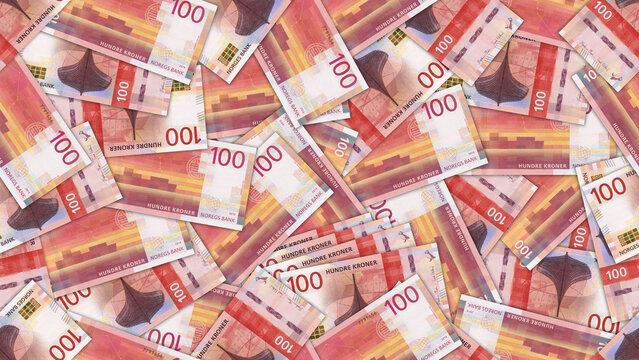 Financial illustration. Seamless pattern. Randomly scattered 100 kroner banknotes, Kingdom of Norway. Norwegian money. Textured background or wallpaper. Obverse and reverse. One hundred crown bills