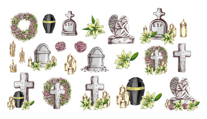 Fototapeta premium Hand drawn vintage sketch set of funeral cemetery elements with cross urn angel candles and flowers color illustration