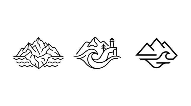 Minimalist Mountain Ocean And Lighthouse Logos