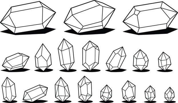 Geometric crystal shapes collection with faceted polygon gemstones set line art mineral forms isolated vector illustration