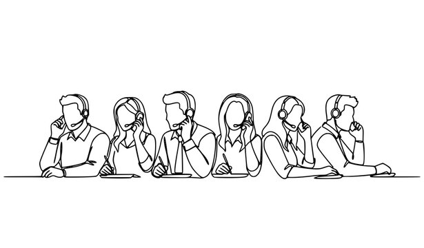 Single continuous line drawing telemarketing team customer service agents with headsets minimalist vector illustration