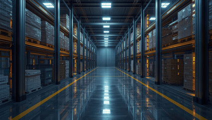 Fototapeta premium Modern autonomous warehouse aisle with stacked pallet rack and reflective floor, cool lighting