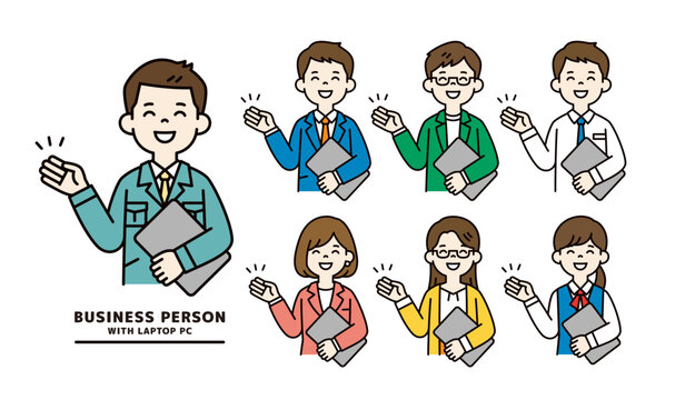 ノートパソコンを持って紹介・案内する様々なビジネスパーソンの上半身ベクターイラスト素材セット