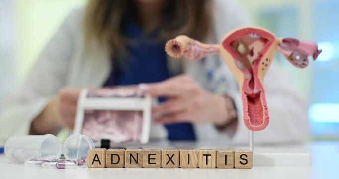 Wooden blocks spell word Adnexitis near uterus model on desk. Doctor reads ultrasound images noting pain signs while starting antibiotic therapy