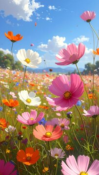 Vibrant colorful flowers in a serene field under a bright blue sky