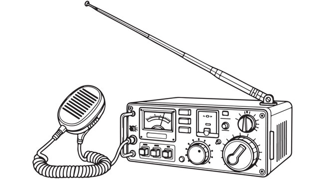 Retro ham radio transceiver with handheld microphone and telescopic antenna vector line art illustration