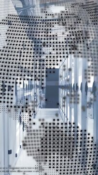 Vertical video: Halftone shifting and fading, revealing rack aisle as camera moving showing path