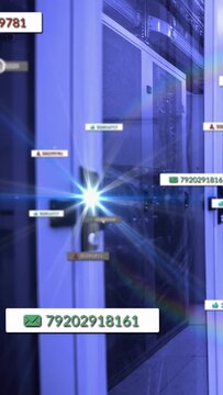 Server rack IT as cursor selecting label, spawning number tags, flashing flare, rainbow wash for ID