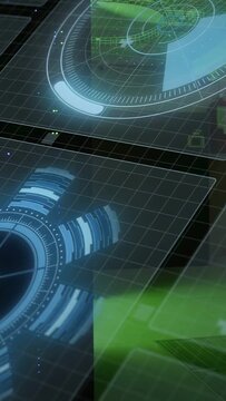 Vertical video: Blue HUD starting, scan ring rotating and radial band cycling over grid for status