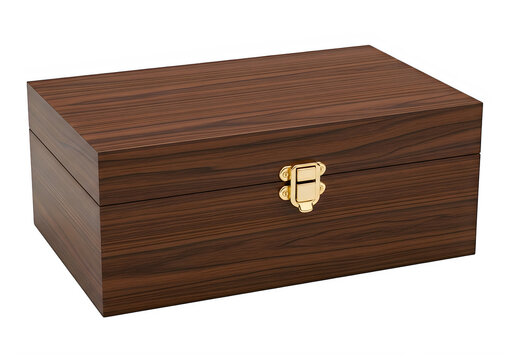 Elegant antique wooden box with a brass lock and keyhole detail isolated on white background