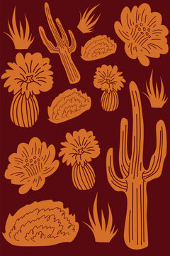 Stylized western desert floral pattern illustration featuring cacti, wildflowers, rocks, and southwestern botanical elements in a retro flat graphic style. Warm earthy artwork perfect for textile prin