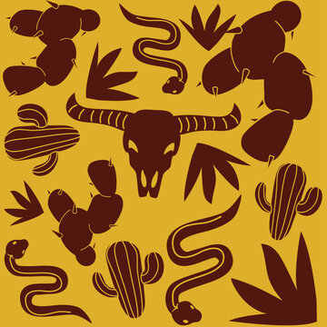 Bold western desert pattern illustration featuring bull skulls, snakes, cacti, rocks, and desert plants in a retro southwestern graphic style. Warm earthy artwork perfect for apparel design, textile p