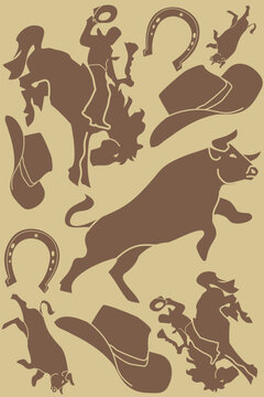 Dynamic western cowboy rodeo pattern illustration featuring bull riding, horseshoes, cowboy hats, boots, and ranch inspired elements in a retro flat graphic style. Vintage western artwork perfect for 